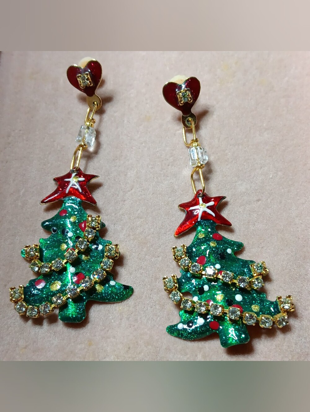 Lunch at The Ritz 1989 Christmas Tree Dangle Earings, 14k Gold Posts